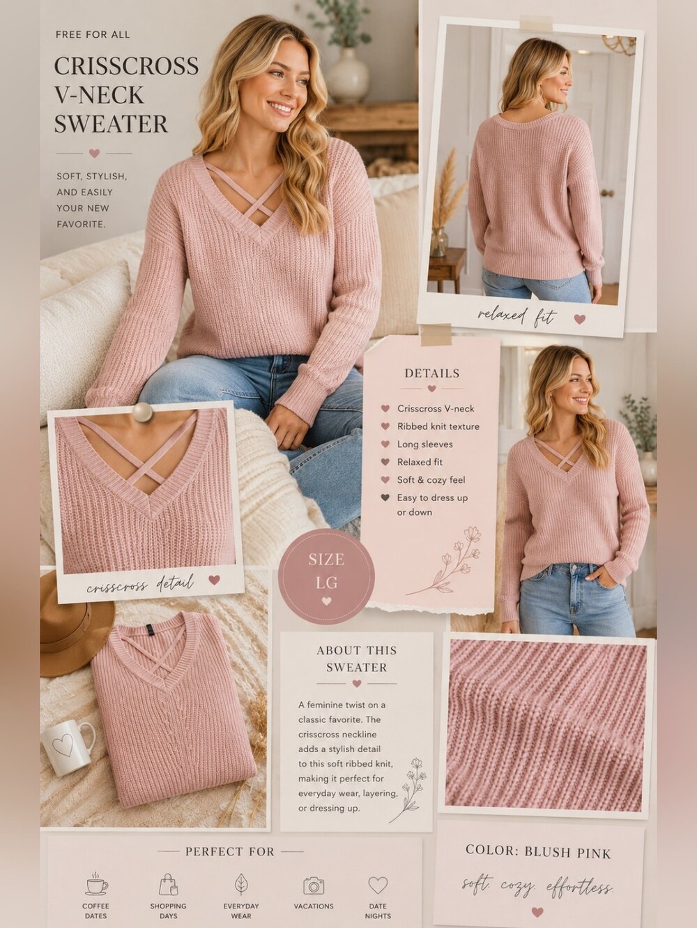 Free For All Blush Pink Crisscross V-Neck Ribbed Sweater